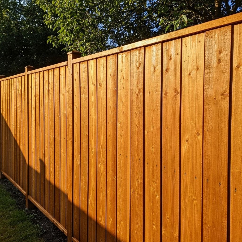 Vertical cedar fence boards stained a warm tone