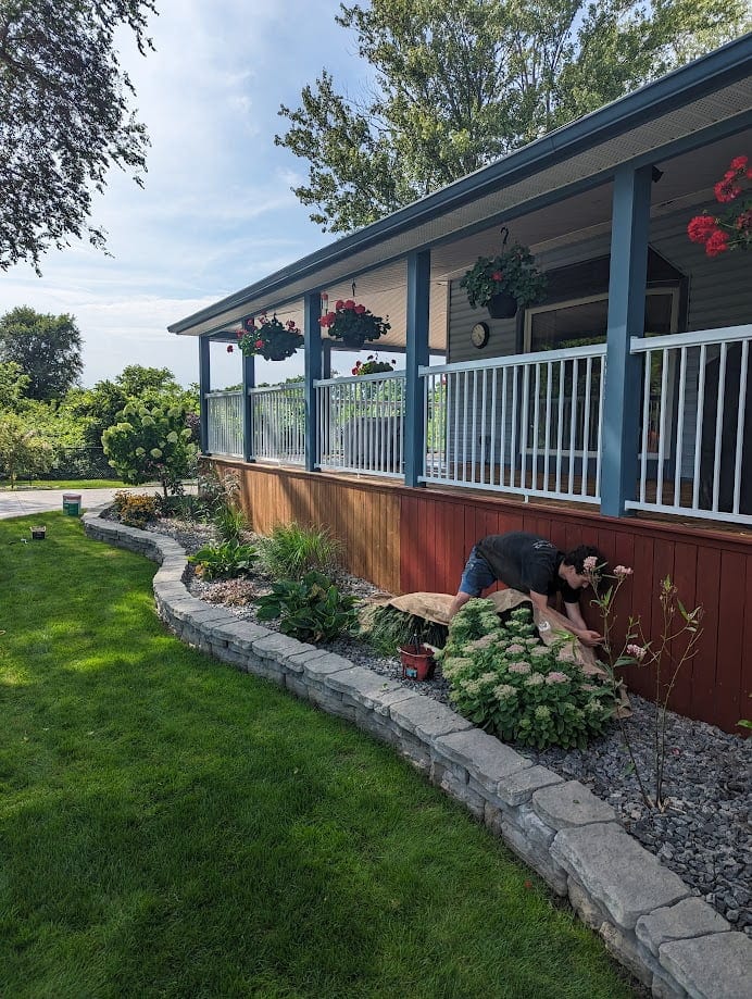 Raised deck with white railings and freshly stained skirting in Guelph